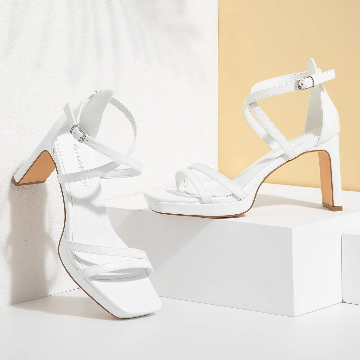 Greatonu Women's Heeled Sandals Open Toe Ankle Strap Strappy High Chunky Block Heel Pump Sandals Platform Heels Nude