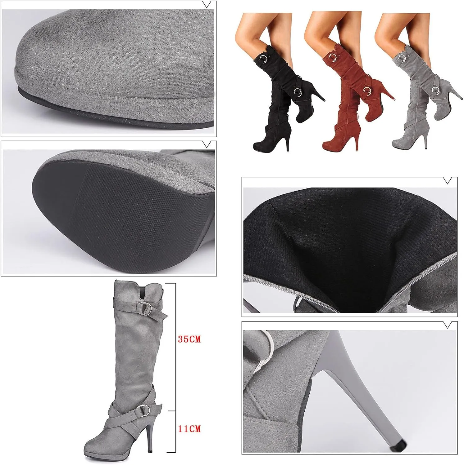 Hiking Boots Women High Heel Knee High Boots Side Zipper Suede Pointed Thigh High Boots Tall Long Boots