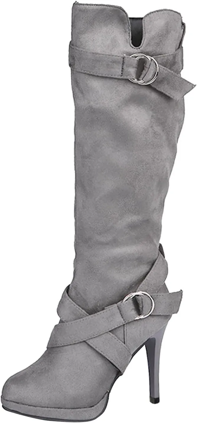 Hiking Boots Women High Heel Knee High Boots Side Zipper Suede Pointed Thigh High Boots Tall Long Boots