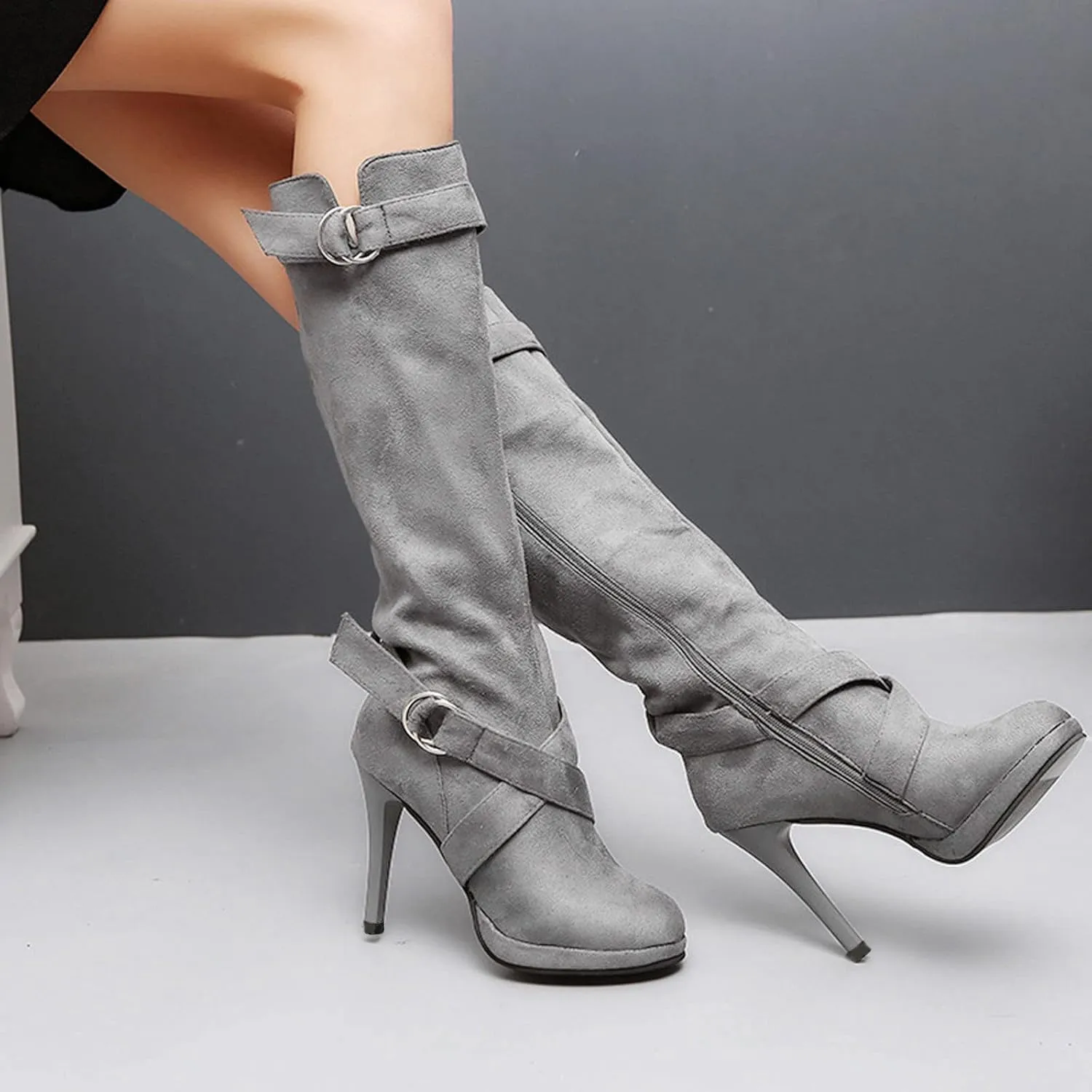 Hiking Boots Women High Heel Knee High Boots Side Zipper Suede Pointed Thigh High Boots Tall Long Boots