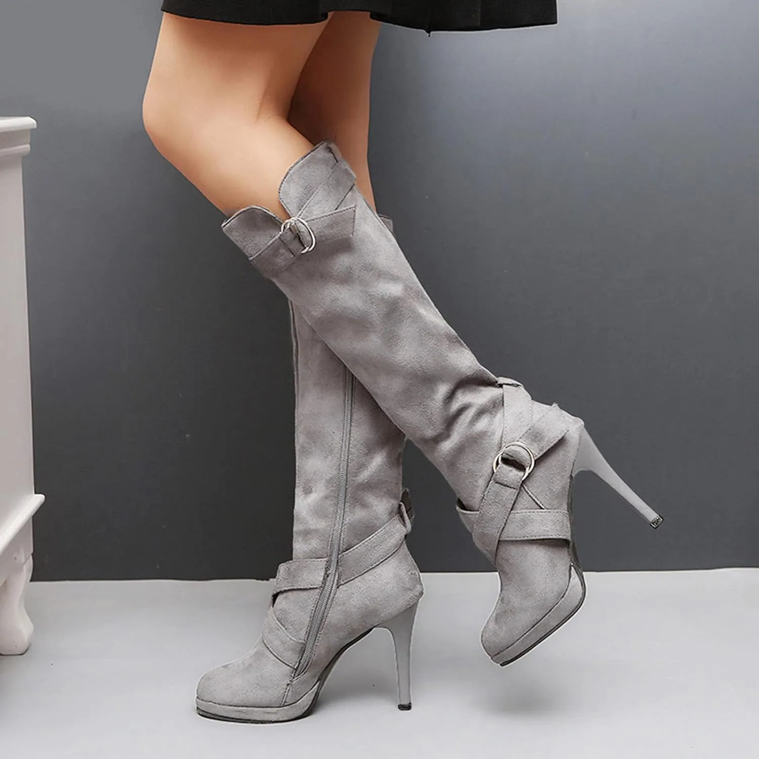 Hiking Boots Women High Heel Knee High Boots Side Zipper Suede Pointed Thigh High Boots Tall Long Boots