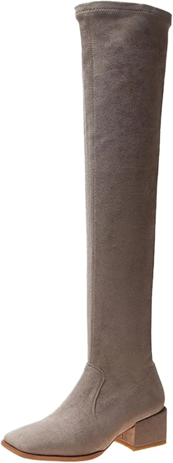 Hiking Boots Women Square Toe Over Knee Boots Suede Zipper Thigh High Boots Chunky Heeled Tall Long Boots