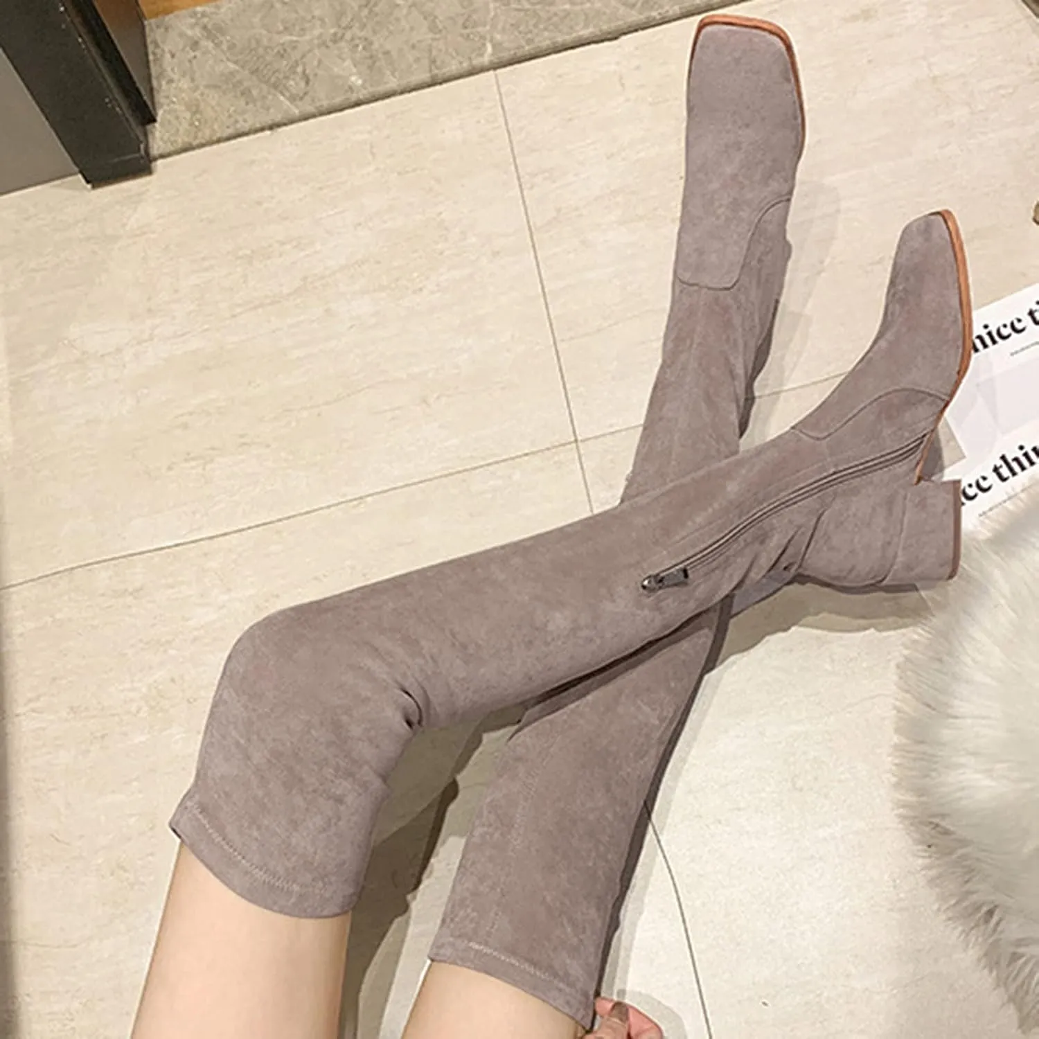 Hiking Boots Women Square Toe Over Knee Boots Suede Zipper Thigh High Boots Chunky Heeled Tall Long Boots