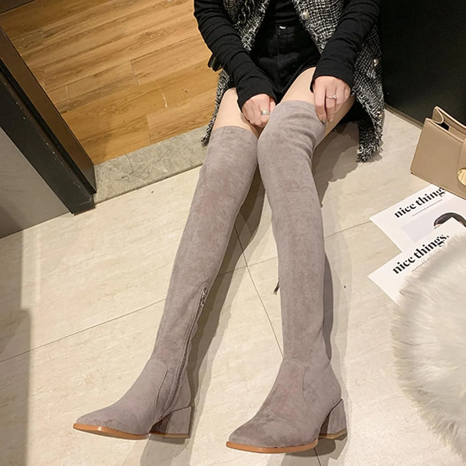 Hiking Boots Women Square Toe Over Knee Boots Suede Zipper Thigh High Boots Chunky Heeled Tall Long Boots
