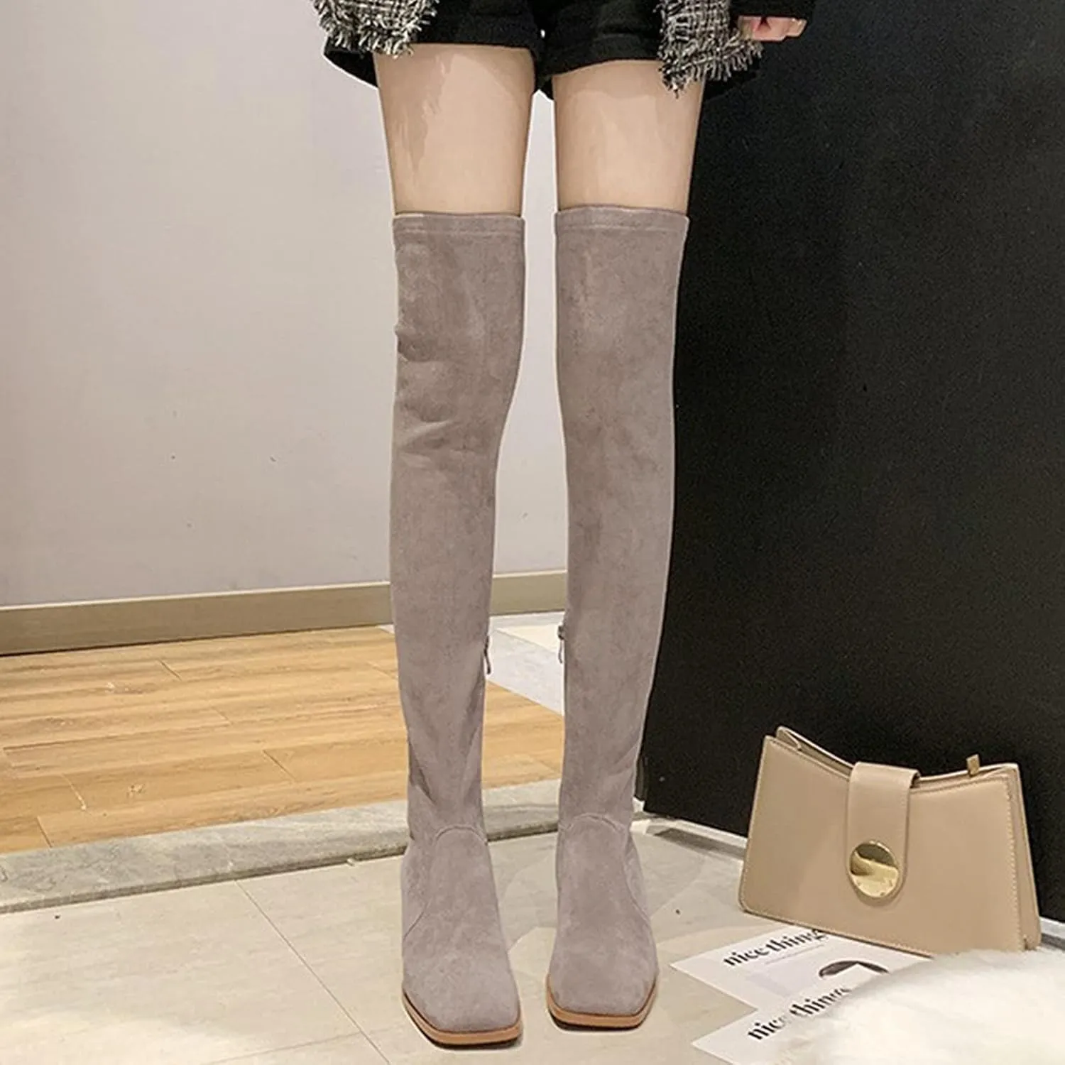 Hiking Boots Women Square Toe Over Knee Boots Suede Zipper Thigh High Boots Chunky Heeled Tall Long Boots