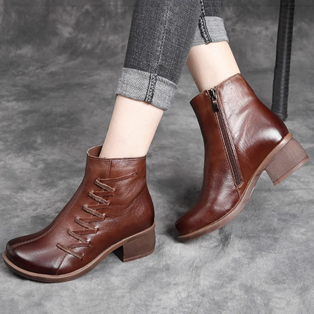 Leather Retro Thick Heel Short Women's Boots