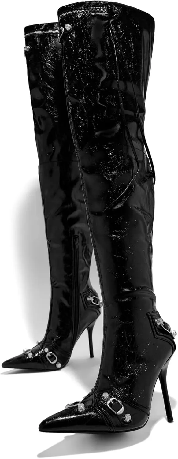 Liliana Women's Over the Knee Boots Pointed Toe Rivets Tassels Stilettos Heel Boots