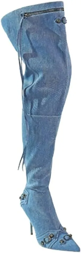 Liliana Women's Over the Knee Boots Pointed Toe Rivets Tassels Stilettos Heel Boots
