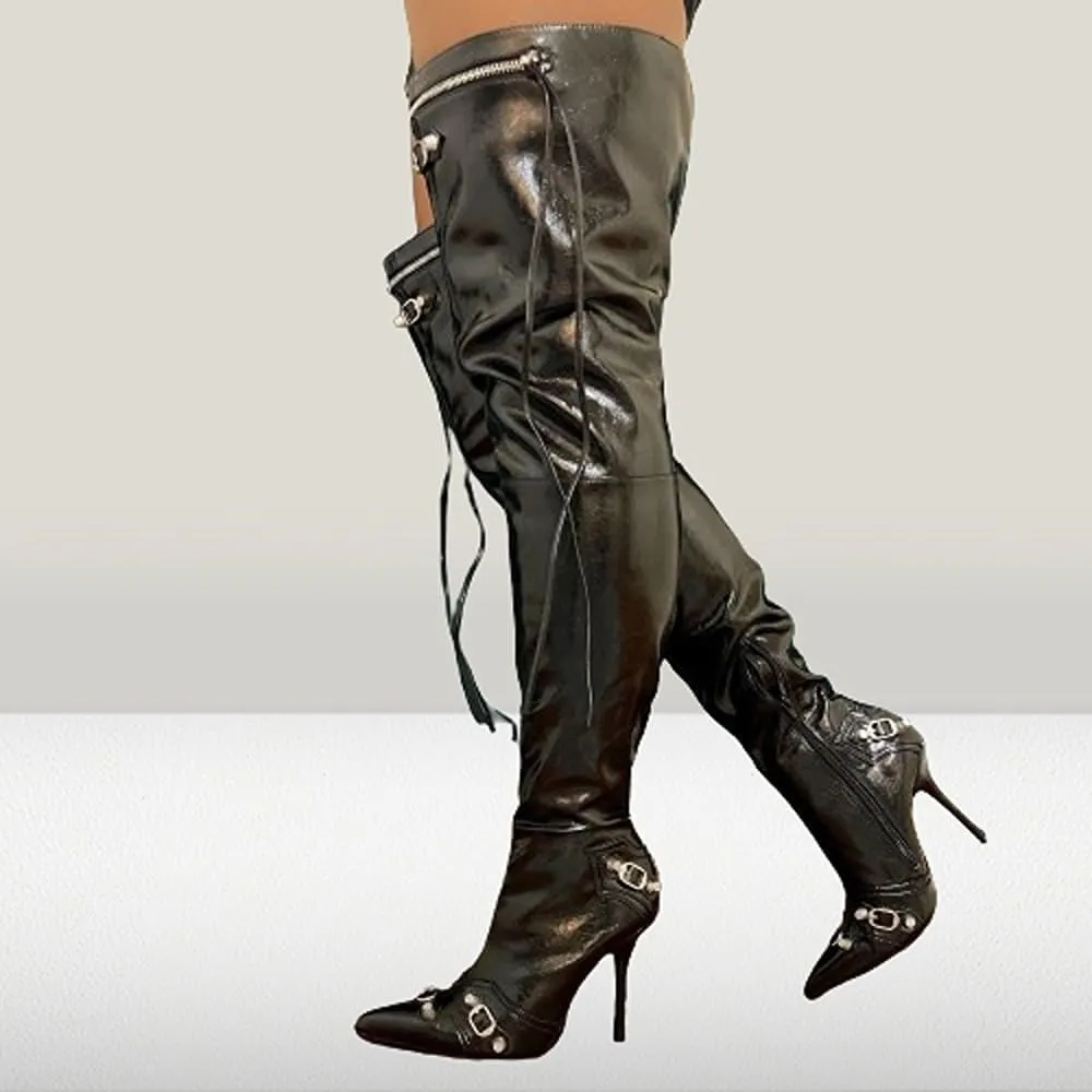 Liliana Women's Over the Knee Boots Pointed Toe Rivets Tassels Stilettos Heel Boots