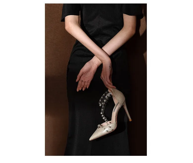 Lily high heels stiletto pointed toe black sandals with a word belt- Aldi