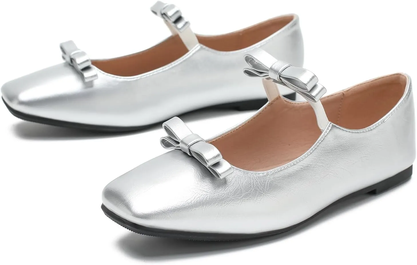 LIURUIJIA Women's Ballet Flats with Bow Square Toe Casual Comfortable Retro Mary Jane Lolita Dress Shoes