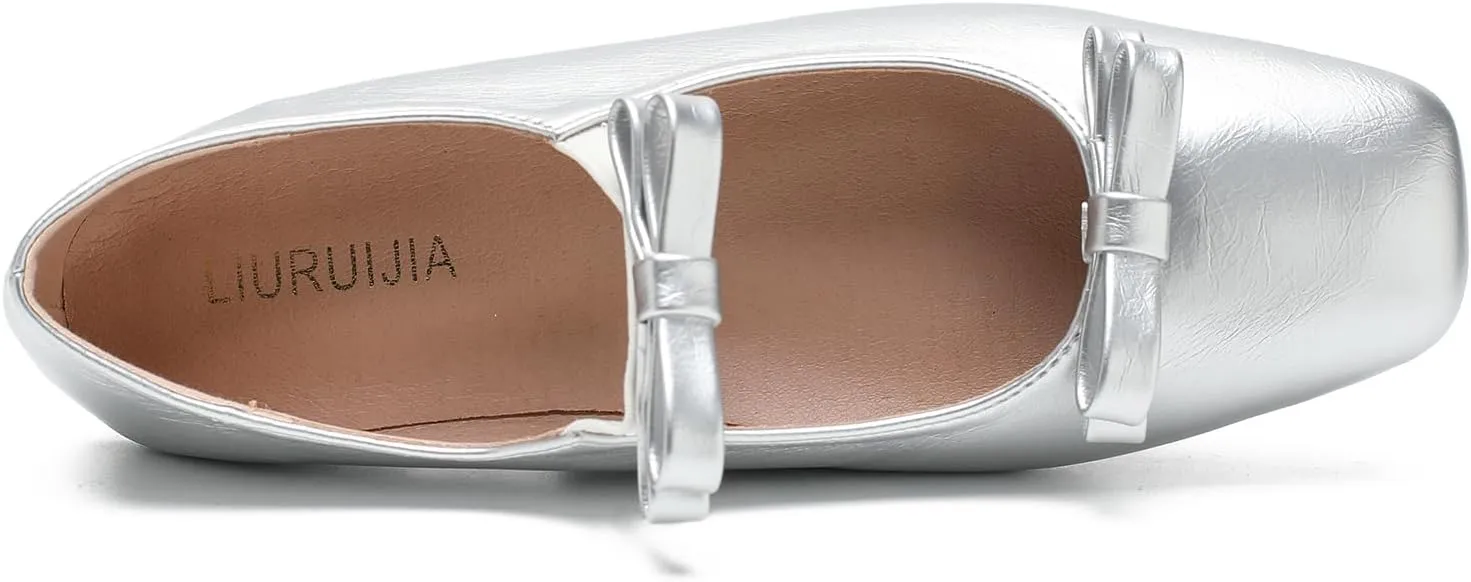 LIURUIJIA Women's Ballet Flats with Bow Square Toe Casual Comfortable Retro Mary Jane Lolita Dress Shoes