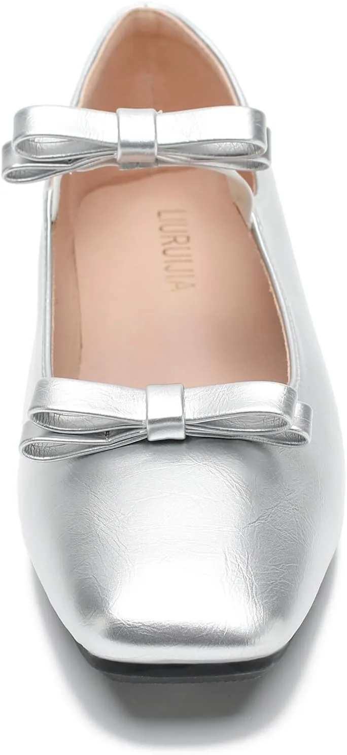 LIURUIJIA Women's Ballet Flats with Bow Square Toe Casual Comfortable Retro Mary Jane Lolita Dress Shoes