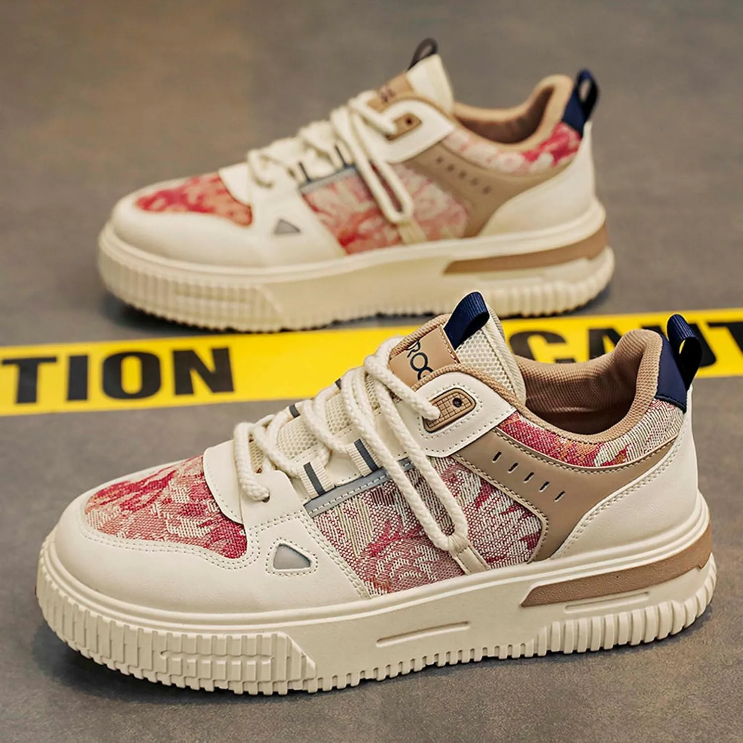 Mens and Womens Anti Slip and Wear Resistant Rubber Soles Skateboard Shoes Tie Up Low Top Casual Sneakers Breathable Thick Soled Walking Shoes Patterned Short Distance Running Shoes