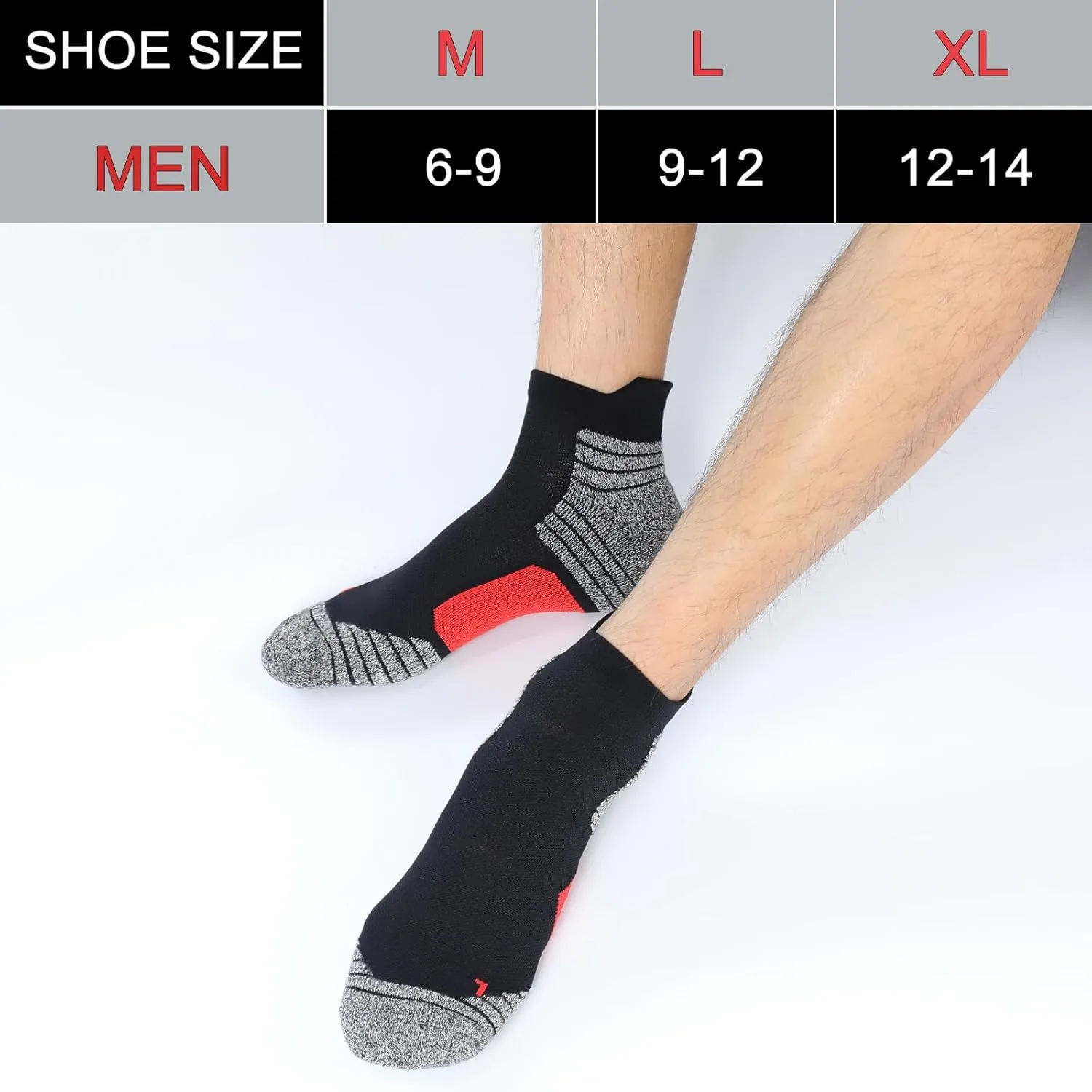 Mens Cushioned Ankle Athletic Running Socks Low Cut Sports Tab Socks 3/5/6-Pairs 6-9/9-12/12-14