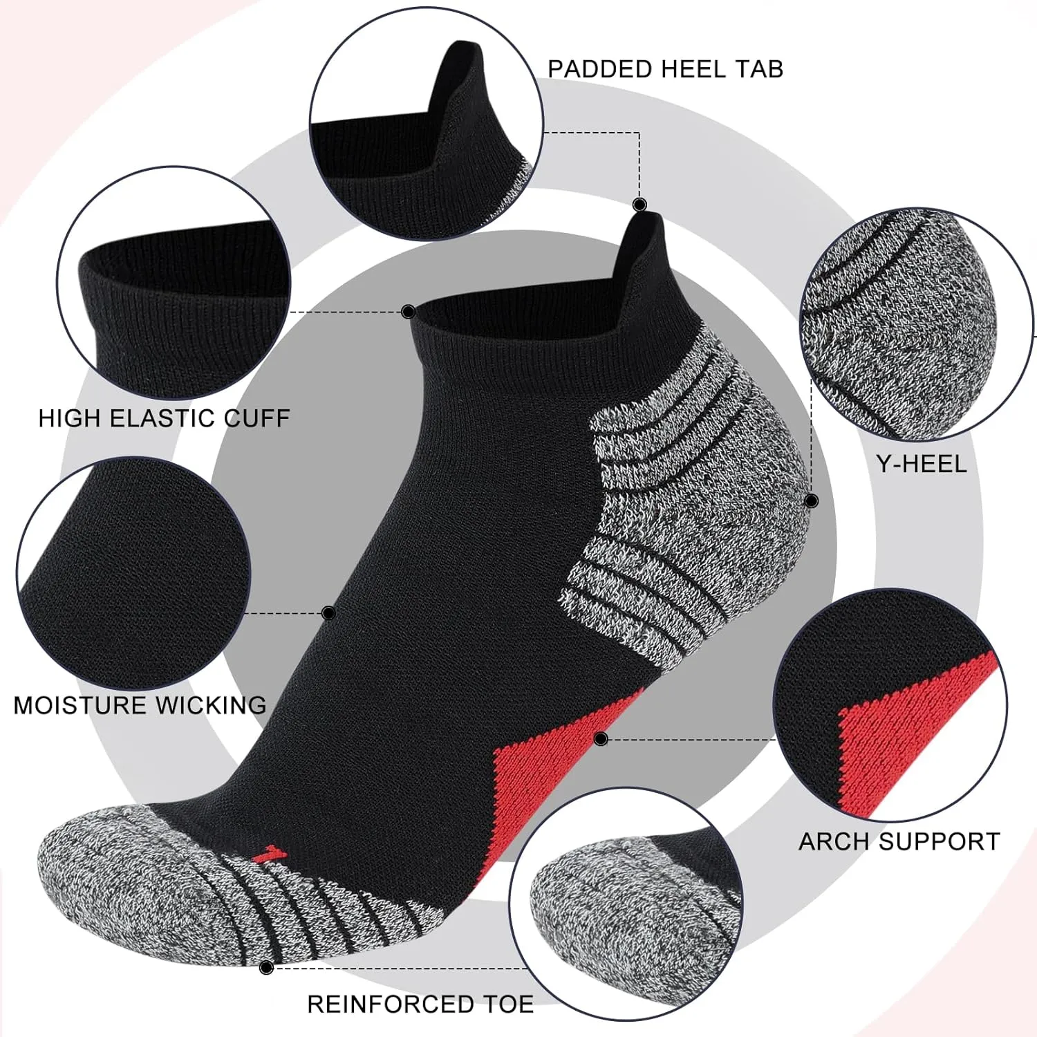 Mens Cushioned Ankle Athletic Running Socks Low Cut Sports Tab Socks 3/5/6-Pairs 6-9/9-12/12-14