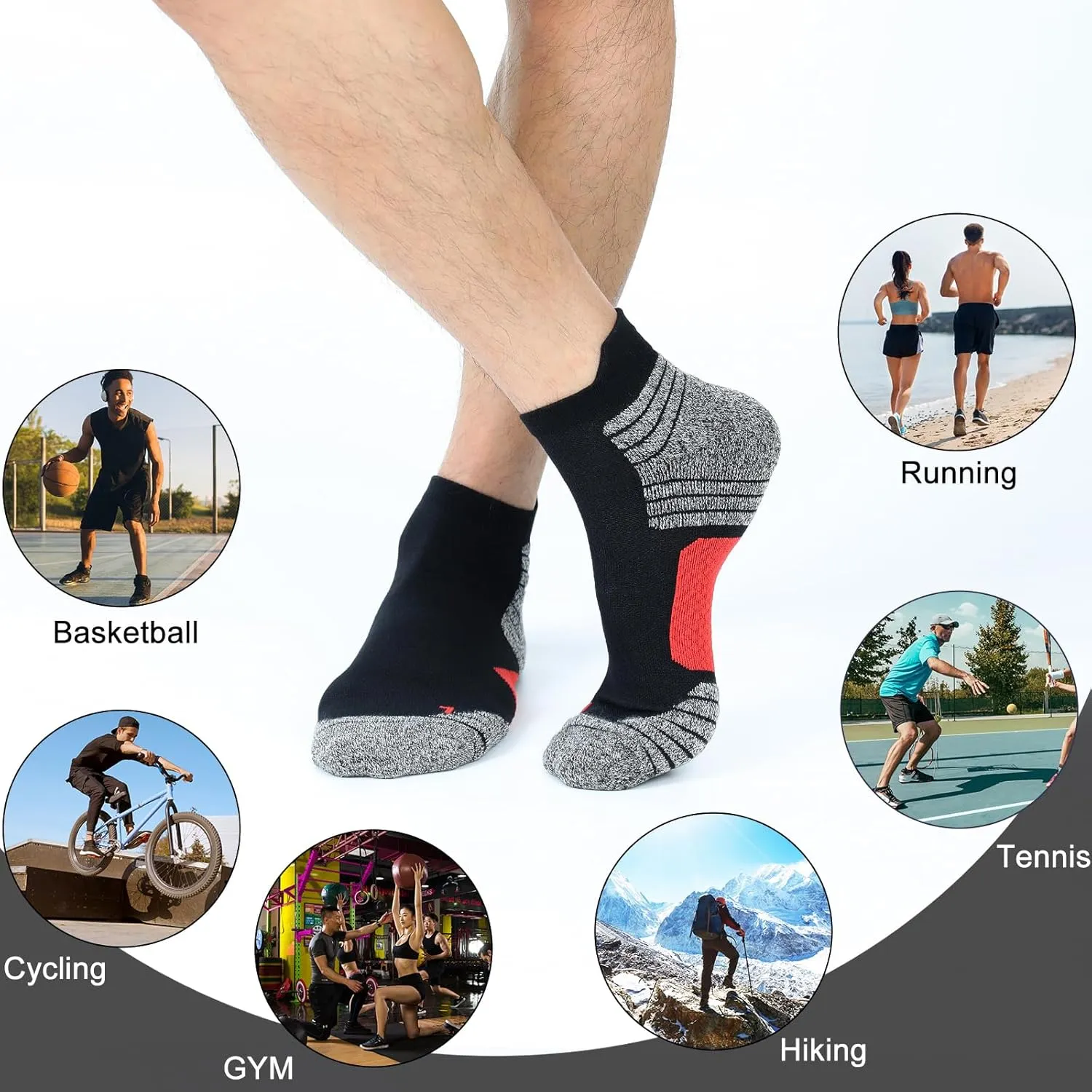 Mens Cushioned Ankle Athletic Running Socks Low Cut Sports Tab Socks 3/5/6-Pairs 6-9/9-12/12-14
