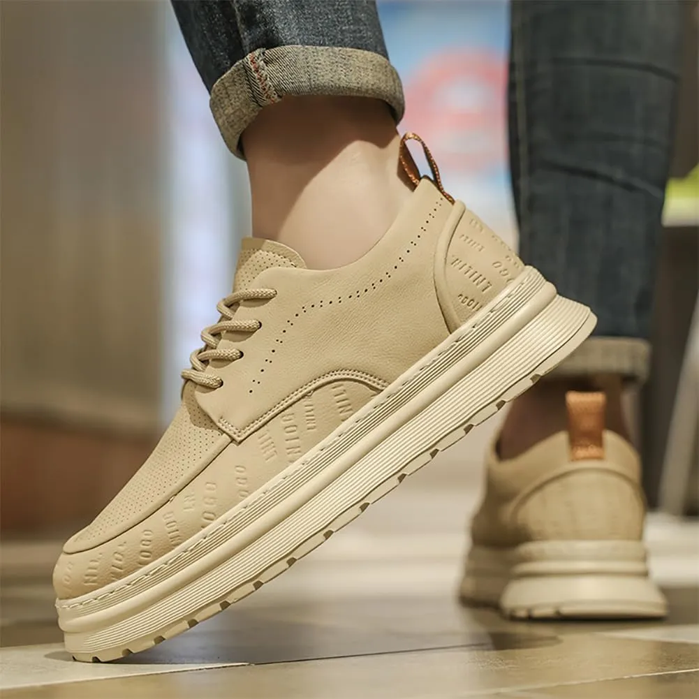 Men's Leather Lace-Up Sneakers Comfort Walking Shoes Cushioned Sole Elevator Shoes for Men Casual Skate