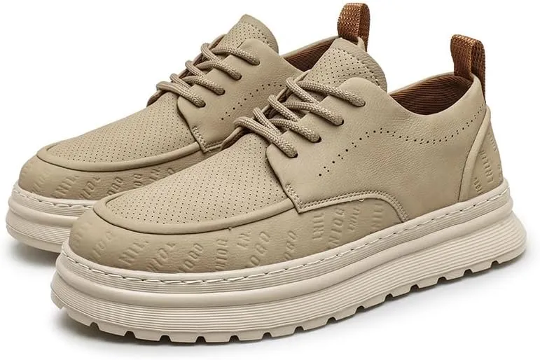 Men's Leather Lace-Up Sneakers Comfort Walking Shoes Cushioned Sole Elevator Shoes for Men Casual Skate
