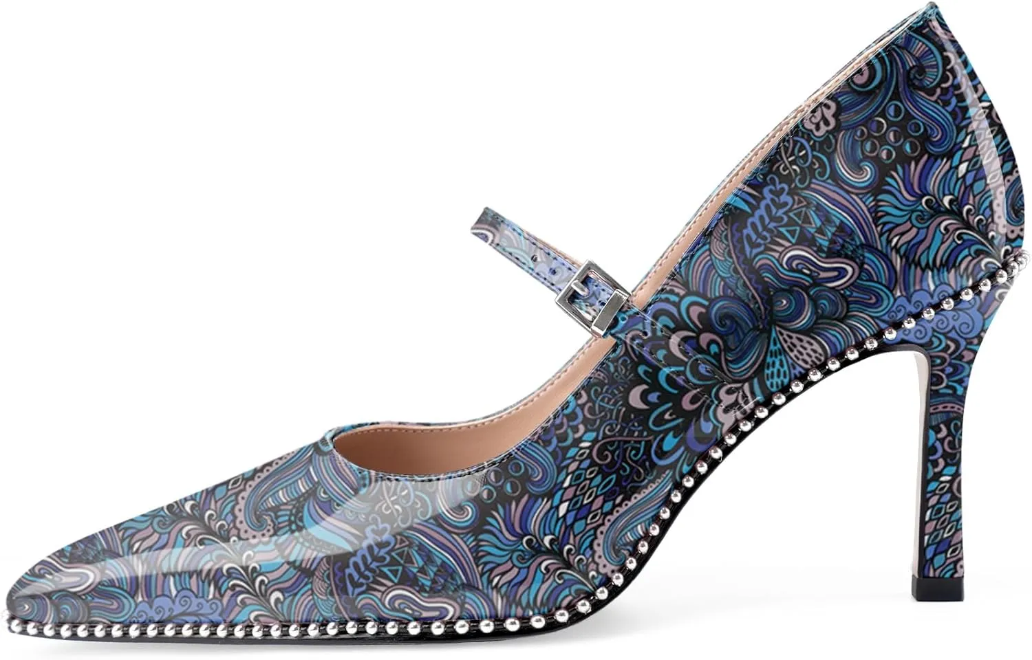 Oh Mispares Women's High Heel Beaded Pumps Stiletto High Heels Pointed Toe Mary Jane Pumps Slip On Sexy Heeled Dress Shoes with Buckle Strap Patent Leather 3.5 Inch