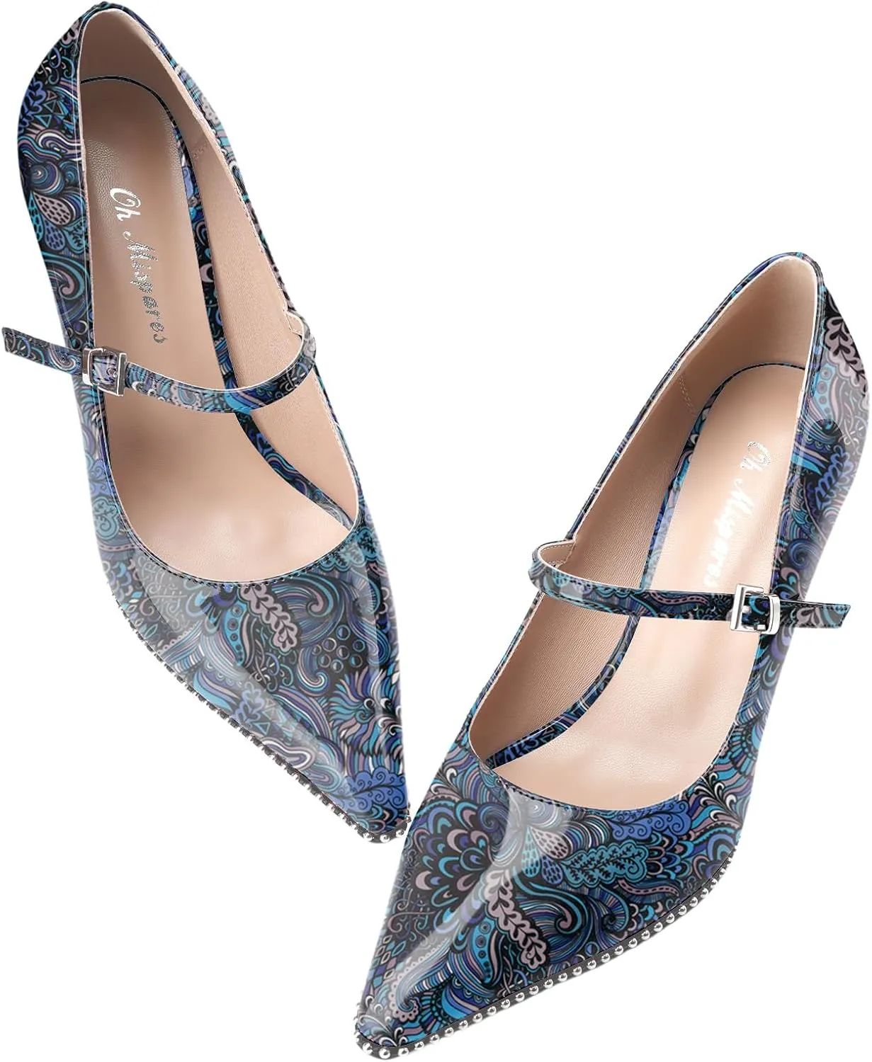 Oh Mispares Women's High Heel Beaded Pumps Stiletto High Heels Pointed Toe Mary Jane Pumps Slip On Sexy Heeled Dress Shoes with Buckle Strap Patent Leather 3.5 Inch