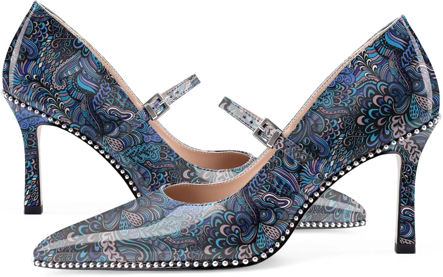 Oh Mispares Women's High Heel Beaded Pumps Stiletto High Heels Pointed Toe Mary Jane Pumps Slip On Sexy Heeled Dress Shoes with Buckle Strap Patent Leather 3.5 Inch