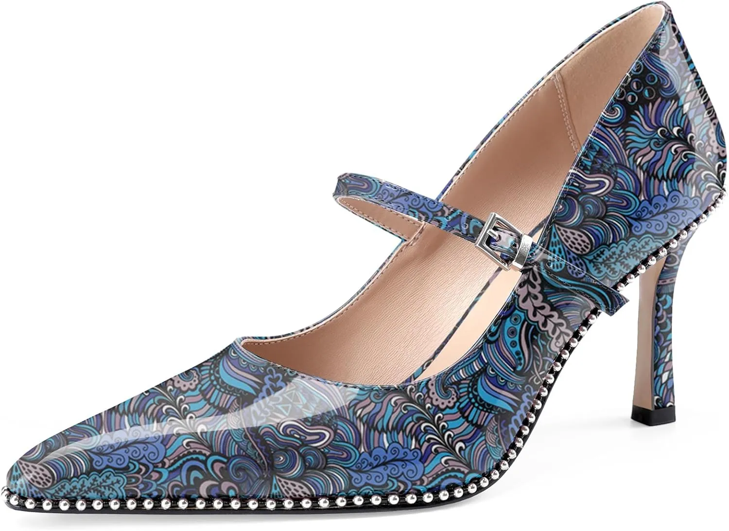Oh Mispares Women's High Heel Beaded Pumps Stiletto High Heels Pointed Toe Mary Jane Pumps Slip On Sexy Heeled Dress Shoes with Buckle Strap Patent Leather 3.5 Inch