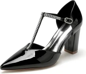 Pointed Toe T-Strap High Heel Sandals Block Heeled Sandal Pumps Heels for Women Dressy Wedding Dress Shoes for Bride