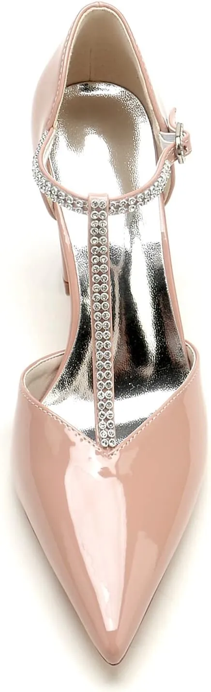 Pointed Toe T-Strap High Heel Sandals Block Heeled Sandal Pumps Heels for Women Dressy Wedding Dress Shoes for Bride