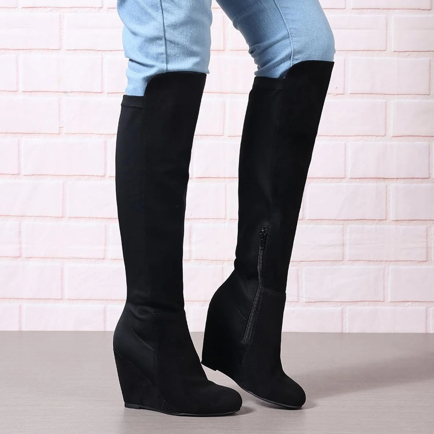 SACFOF Womens Over the Knee High Boots Suede Wedge Heel Long Stretch Boots Sexy Fashion Thigh High Tall Boots US6-11