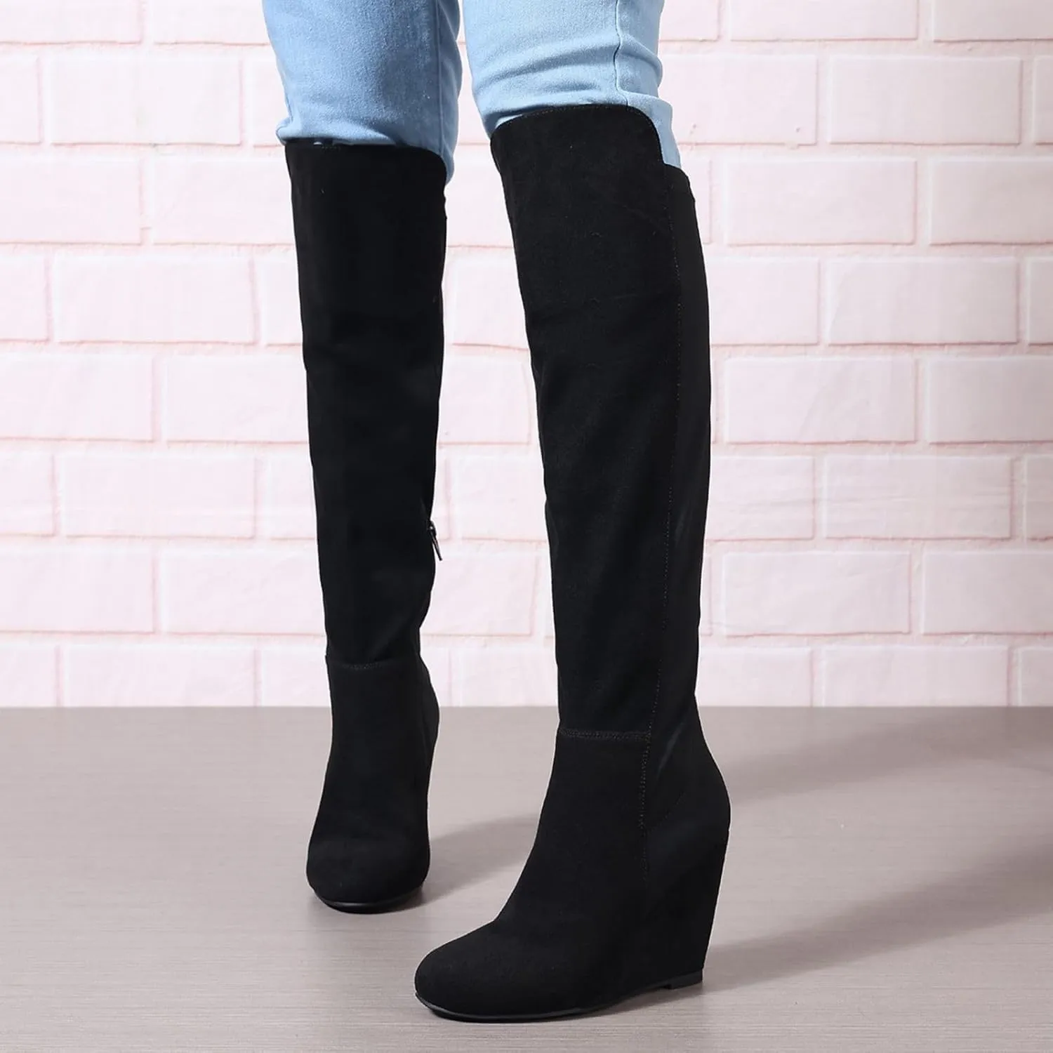 SACFOF Womens Over the Knee High Boots Suede Wedge Heel Long Stretch Boots Sexy Fashion Thigh High Tall Boots US6-11
