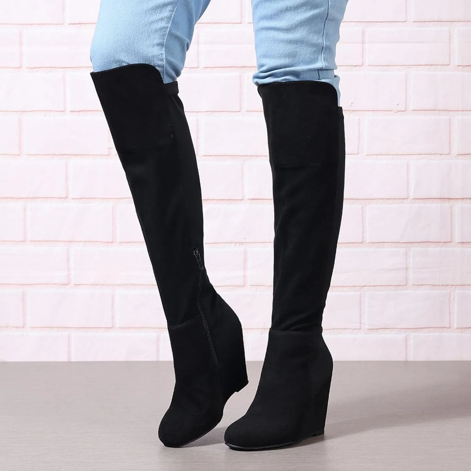 SACFOF Womens Over the Knee High Boots Suede Wedge Heel Long Stretch Boots Sexy Fashion Thigh High Tall Boots US6-11
