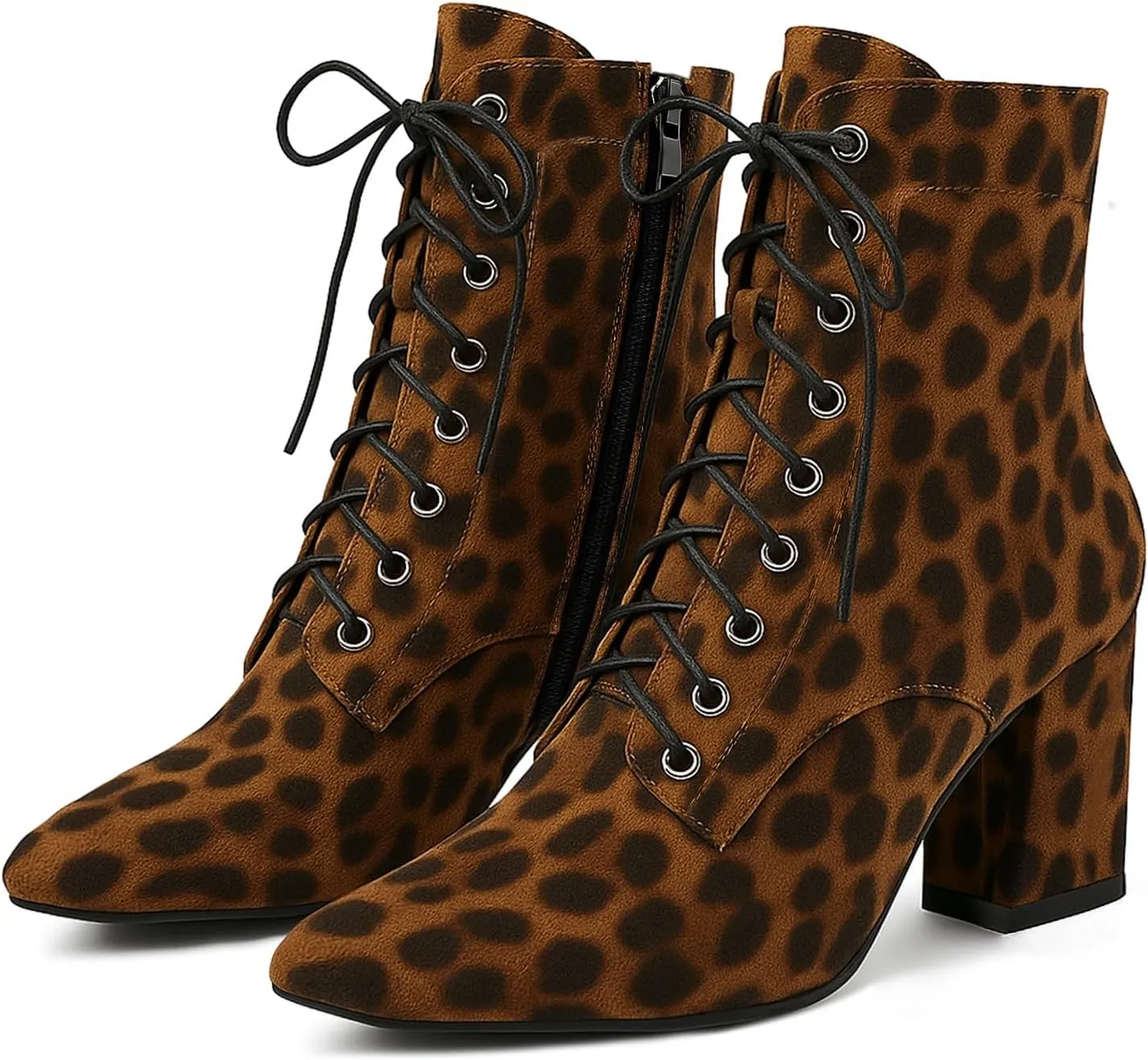 SEIFIN Women's Square Toe Chunky Heels Ankle Boots Block High Heeled Lace Up Short Booties Shoes