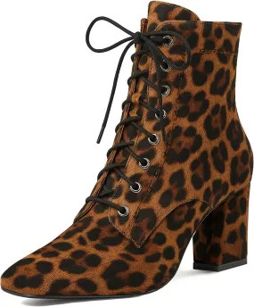 SEIFIN Women's Square Toe Chunky Heels Ankle Boots Block High Heeled Lace Up Short Booties Shoes