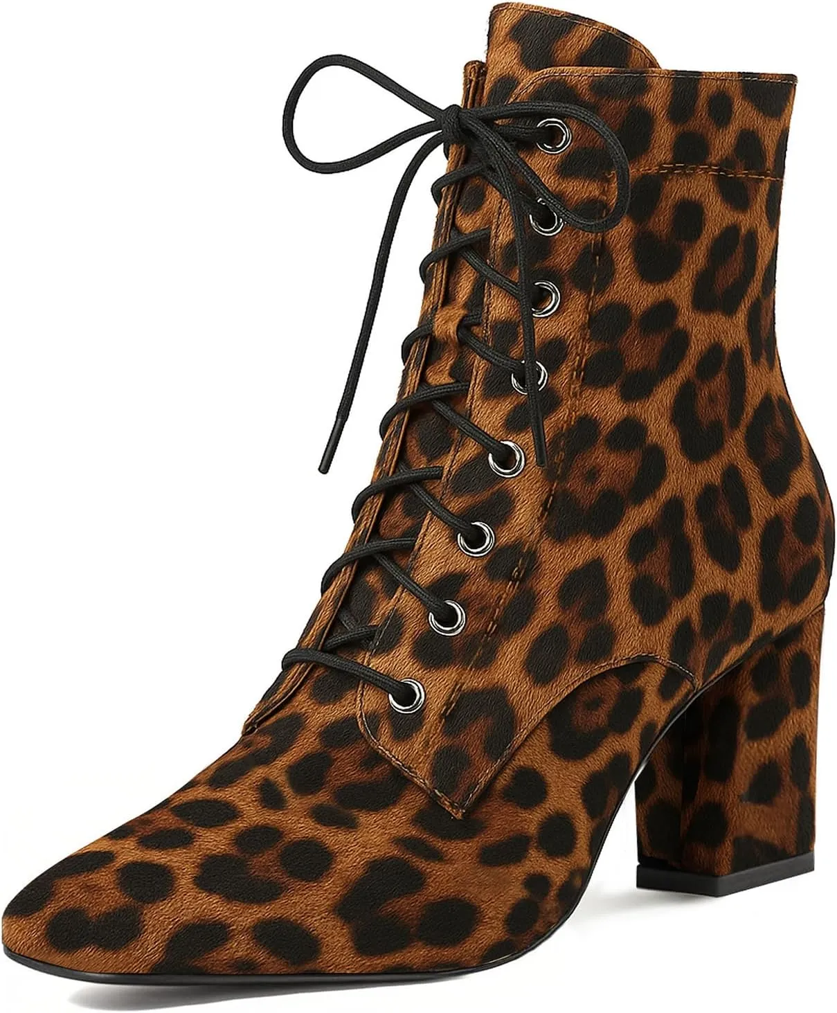 SEIFIN Women's Square Toe Chunky Heels Ankle Boots Block High Heeled Lace Up Short Booties Shoes