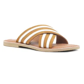 Tan & White Striped Slip-on Flat Sandal