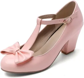 Unisex Round Toe Mary Jane Chunky Mid Heel Bow Pumps Wedding Party Shoes
