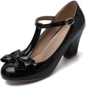 Unisex Round Toe Mary Jane Chunky Mid Heel Bow Pumps Wedding Party Shoes