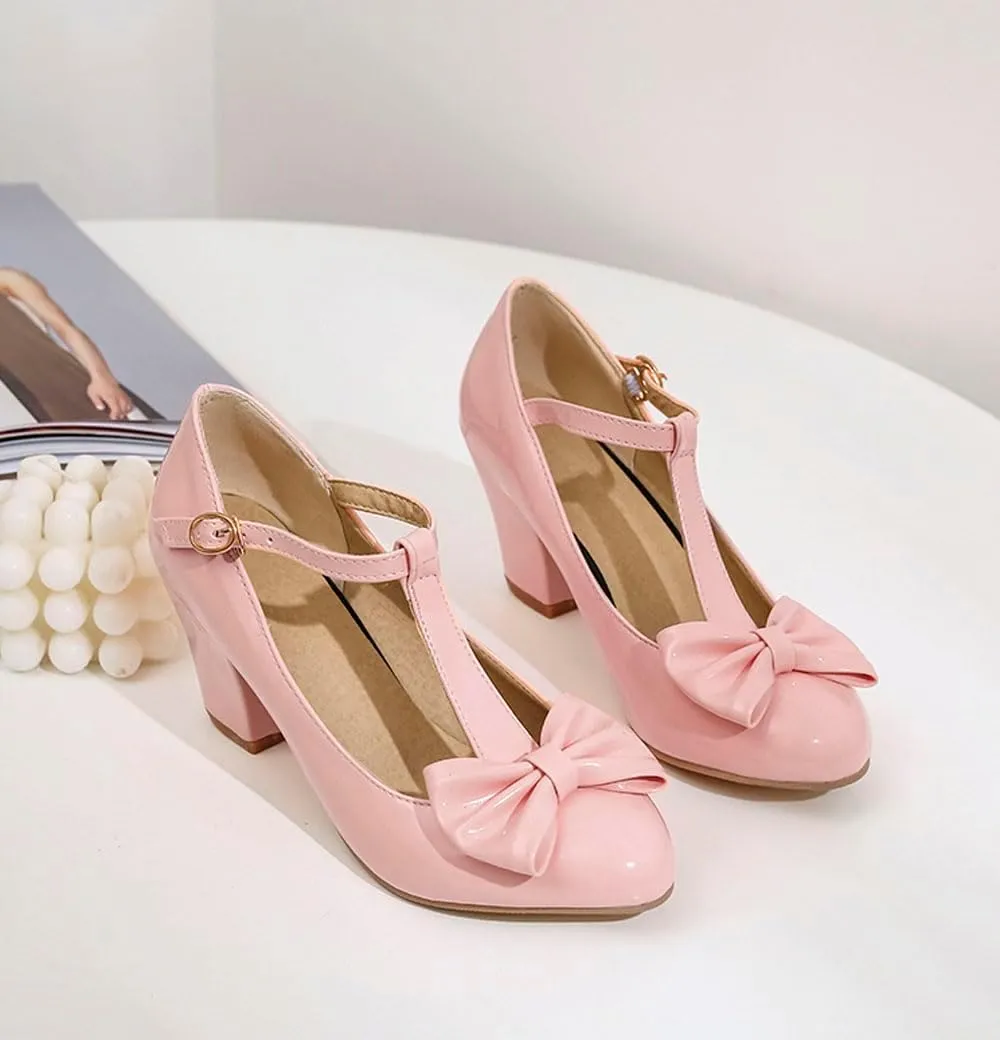 Unisex Round Toe Mary Jane Chunky Mid Heel Bow Pumps Wedding Party Shoes