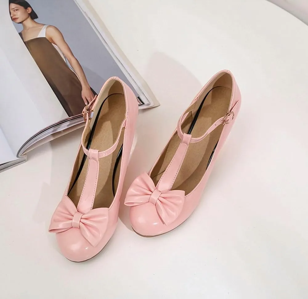 Unisex Round Toe Mary Jane Chunky Mid Heel Bow Pumps Wedding Party Shoes