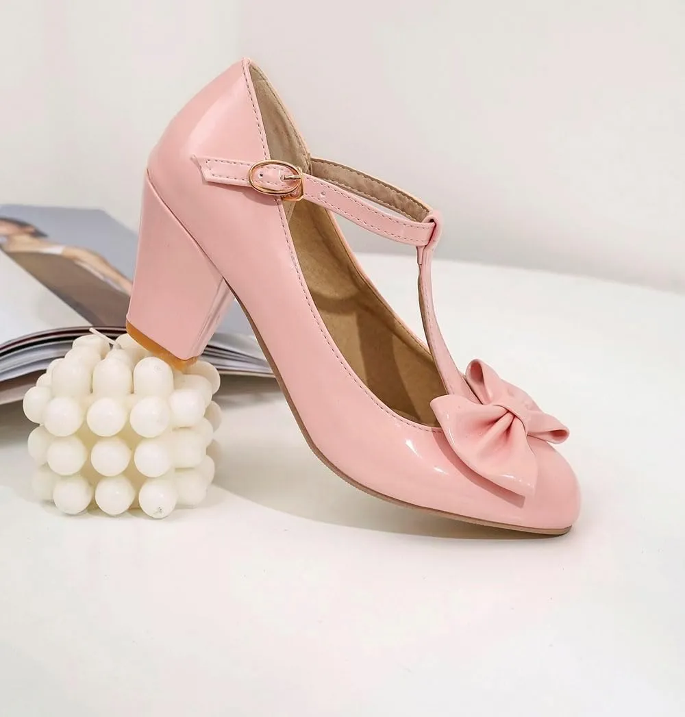 Unisex Round Toe Mary Jane Chunky Mid Heel Bow Pumps Wedding Party Shoes
