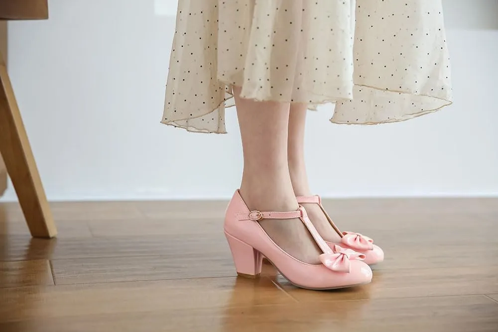 Unisex Round Toe Mary Jane Chunky Mid Heel Bow Pumps Wedding Party Shoes
