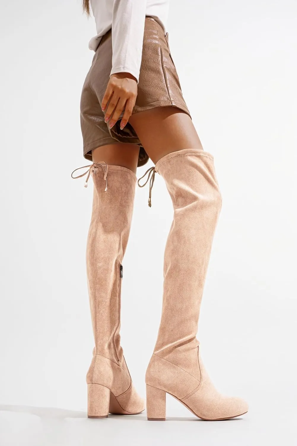 Vepose Women's Over The Knee High Boots Suede Thigh High Boot 3 Inch Chunky Heels Zipper Adjustable Opening Shoes