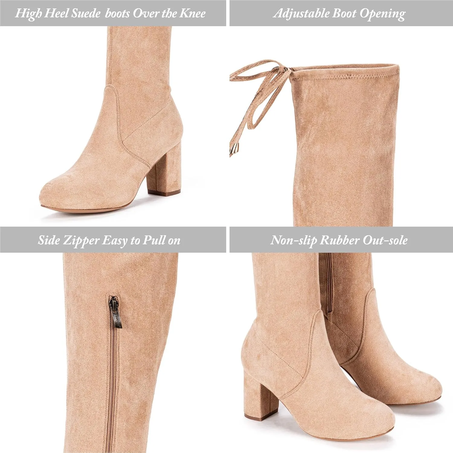 Vepose Women's Over The Knee High Boots Suede Thigh High Boot 3 Inch Chunky Heels Zipper Adjustable Opening Shoes