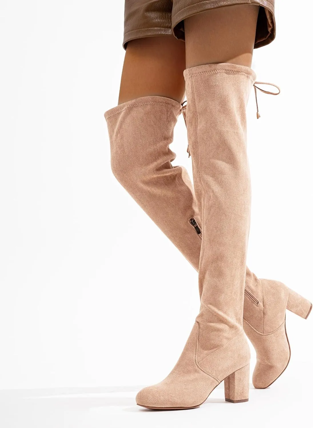 Vepose Women's Over The Knee High Boots Suede Thigh High Boot 3 Inch Chunky Heels Zipper Adjustable Opening Shoes