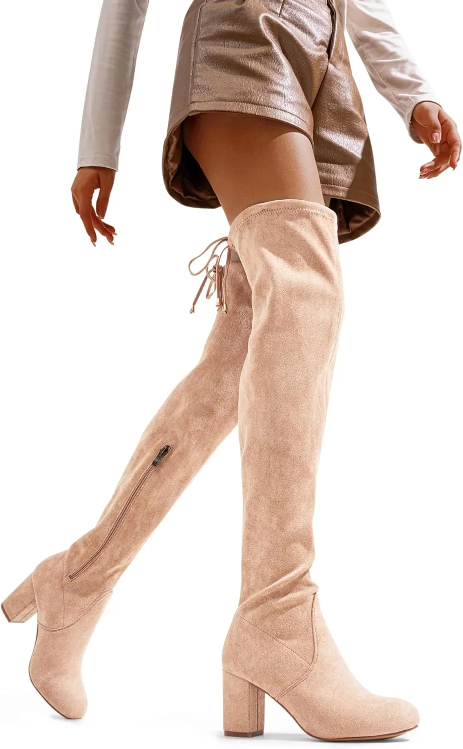 Vepose Women's Over The Knee High Boots Suede Thigh High Boot 3 Inch Chunky Heels Zipper Adjustable Opening Shoes