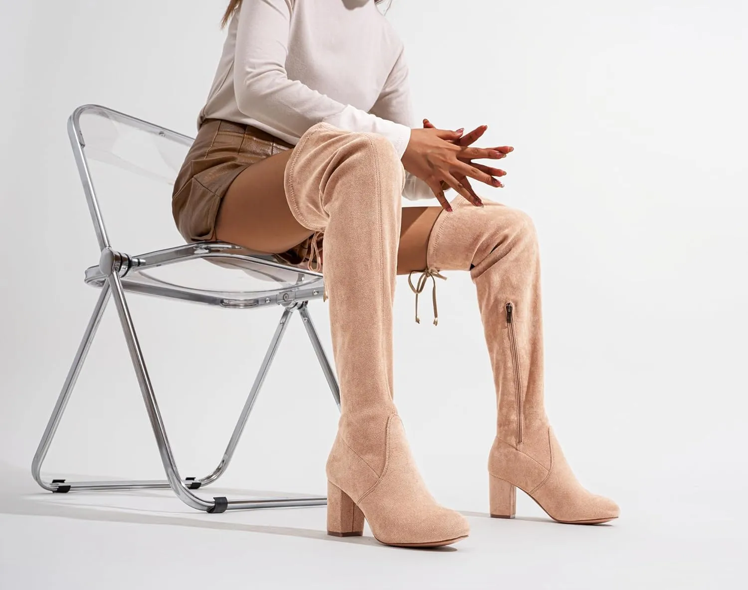 Vepose Women's Over The Knee High Boots Suede Thigh High Boot 3 Inch Chunky Heels Zipper Adjustable Opening Shoes