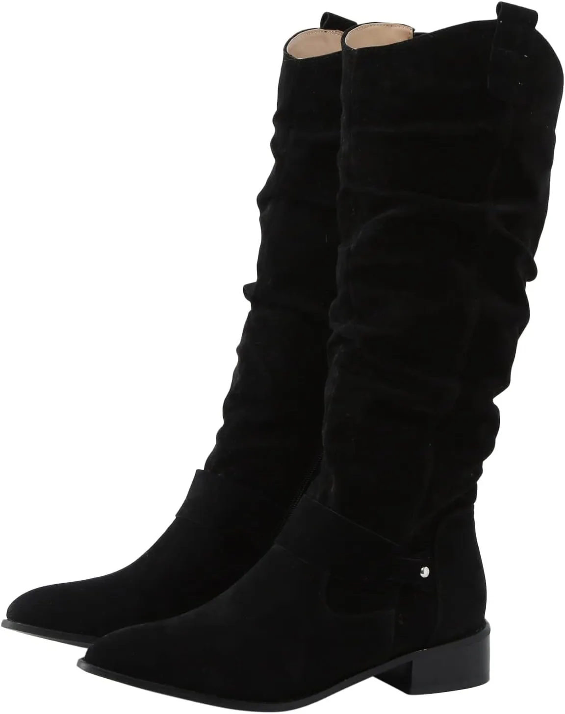 Winter Boots For Women Retro Solid Color Thigh High Boots Pleated Suede Chunky Heeled Knee High Cowgirl Boots