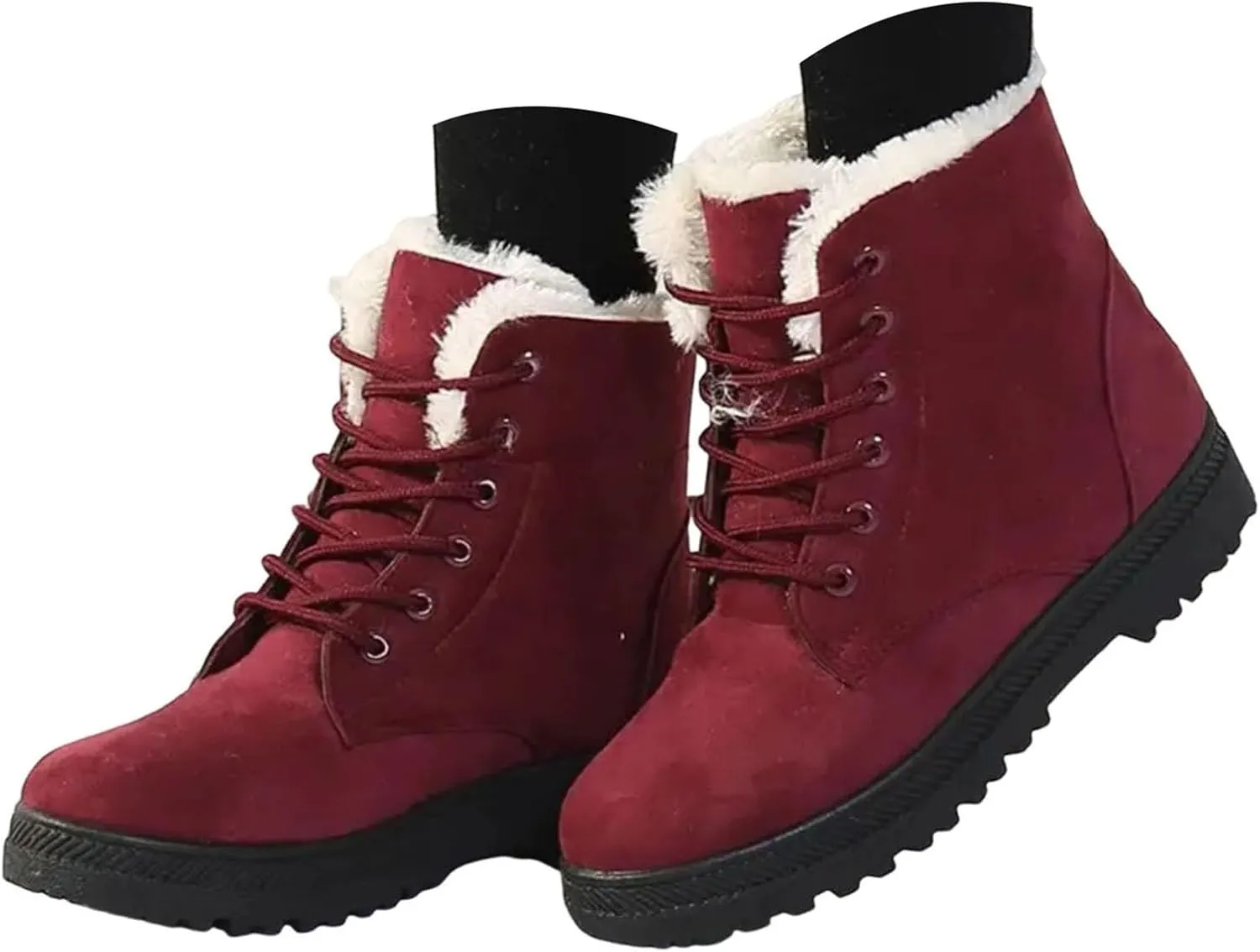 Winter Boots for Women Wide Width,Warm Fur Lined Snow Boots Casual Lace Up Ankle Boots Platform Round ToeFlat Boots