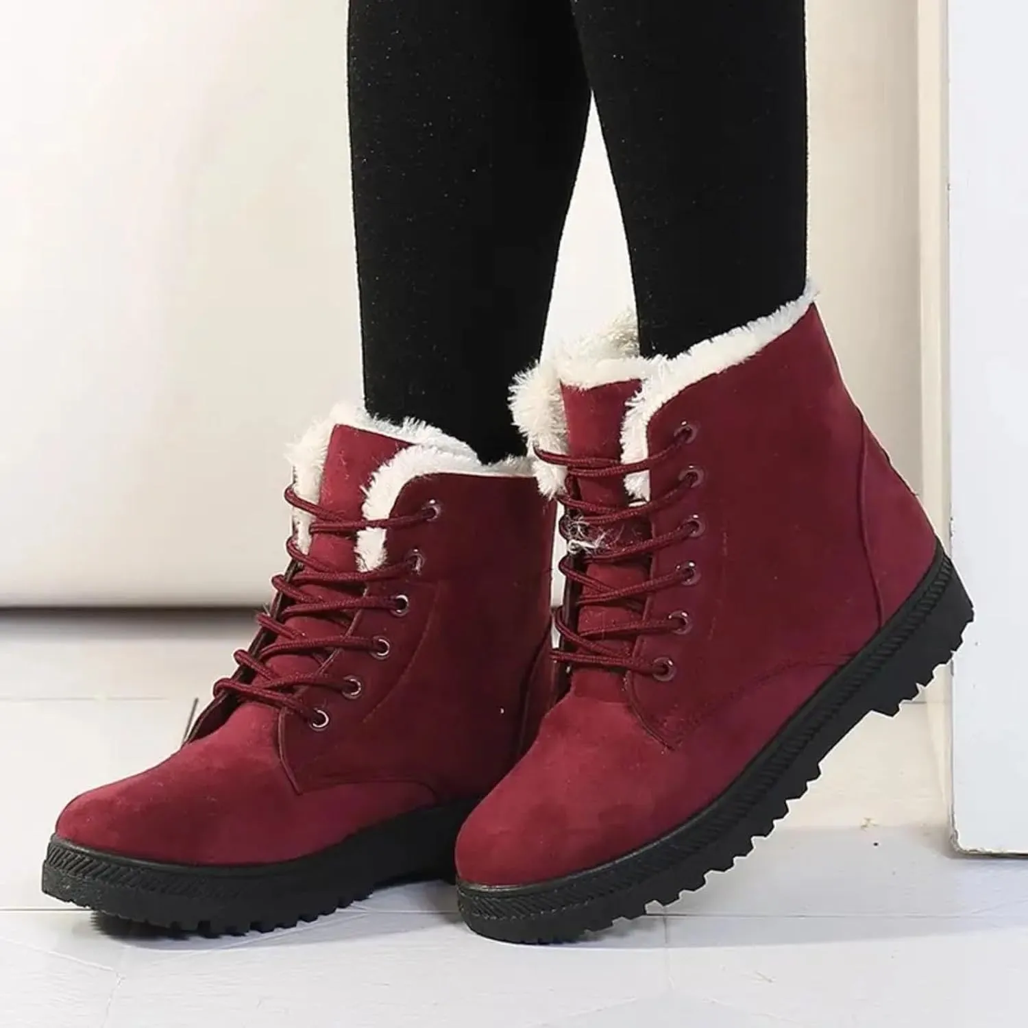 Winter Boots for Women Wide Width,Warm Fur Lined Snow Boots Casual Lace Up Ankle Boots Platform Round ToeFlat Boots